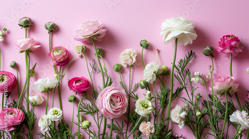 Ranunculus and sweet peas creating a delicate border on a pastel base  Women s day  pastel background  Flat lay  top view  with copy space