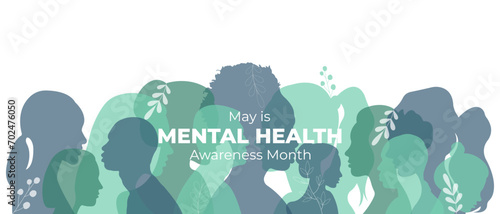 Mental health banner.Flat vector illustration with silhouettes of men and women and space for text.