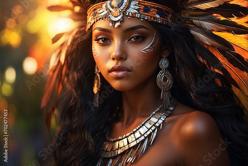 Retrato de uma jovem Indígena brasileira com cocar de penas sobre a sua cabeça.
