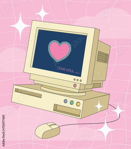 Y2k retro computer monitor, dimensional drawing of vintage pc screen with heart and text greeting, Valentine's Day poster in y2k aesthetic. Vector illustration.