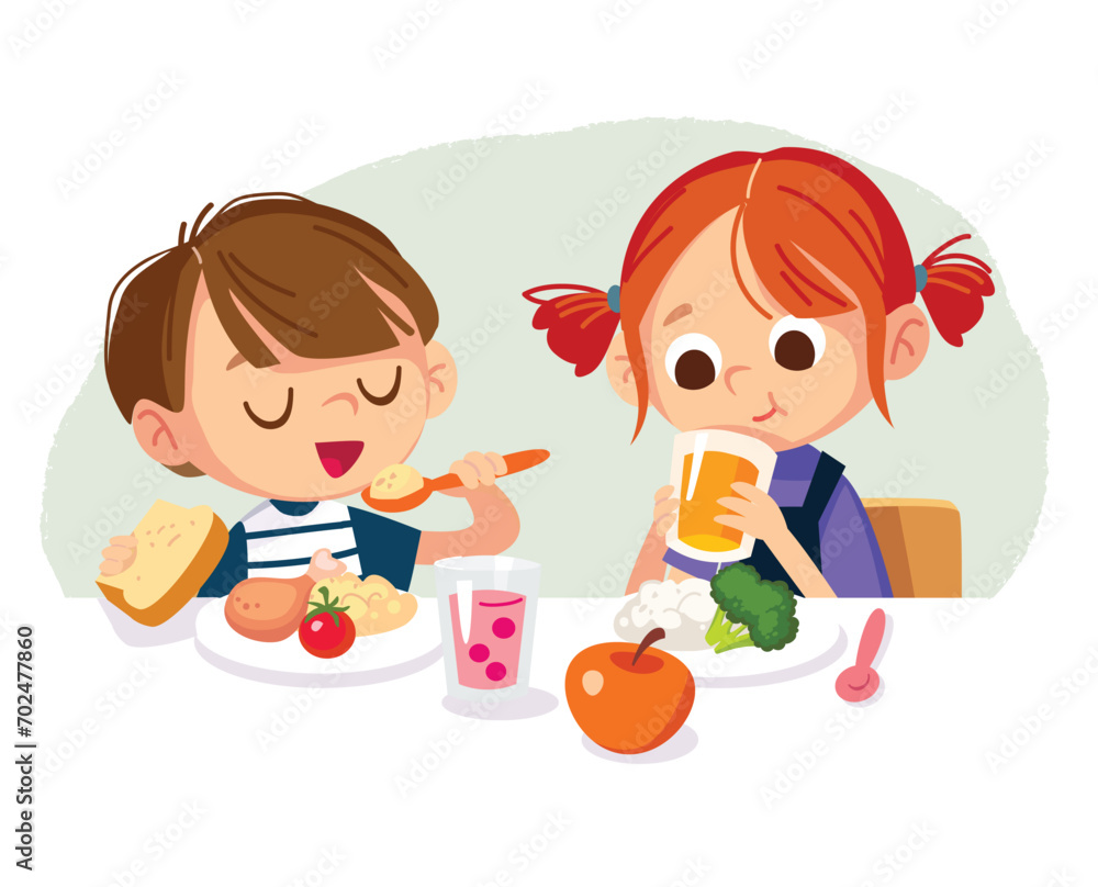 Boy and girl eating healthy homemade food. Kids have porch for breakfast. The girl drinks soda and eats cereal for lunch. Family meal. Boy and girl eating healthy homemade food. Kids have porch for breakfast. The girl drinks soda and eats cereal for lunch. Family meal.