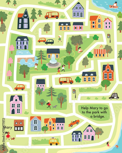 Vector child labyrinth with town symbols for baby, babies. Children maze illustrated with cars, houses, buildings, trees, streets. City easy simple drawing map. © olgache