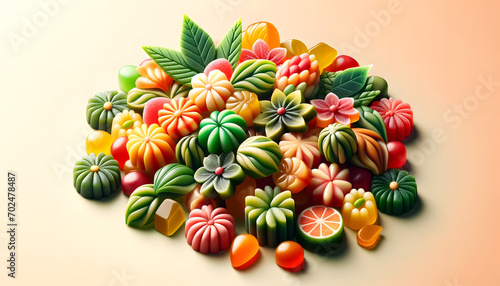 A visually appealing pile of candies, each designed to resemble different natural elements like leaves, flowers, and fruits