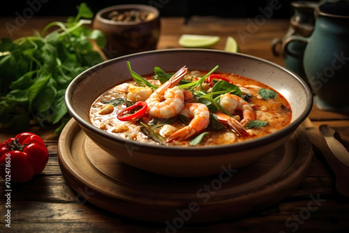 Tom Yum soup in a bowl on a wooden tray