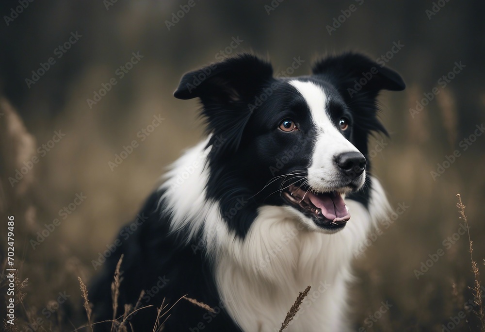 A border collie with black and white fur sits in meadow close up