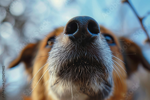 Closeup of a dog's nose with a blurred spring landscape in the background. Cute pet. Generative AI