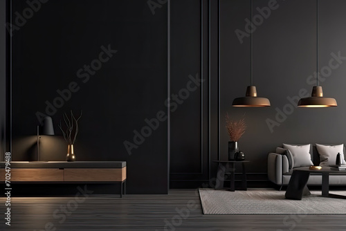 Modern living room interior in dark colors. Design dark sofa, table and decor. Generative AI