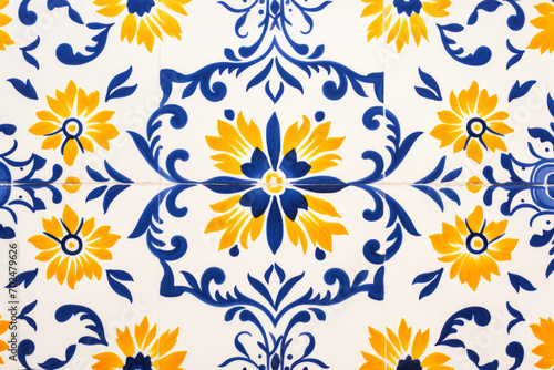 Traditional ornate portuguese decorative tiles. Colorful vintage ceramic tiles. Mosaic wall with square tiles. Generative AI