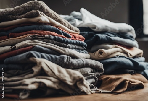 Pile of dirty stacked laundry isolated on a wooden table