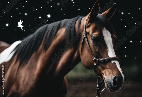Portrait of a beautiful brown horse with white stars on a black background