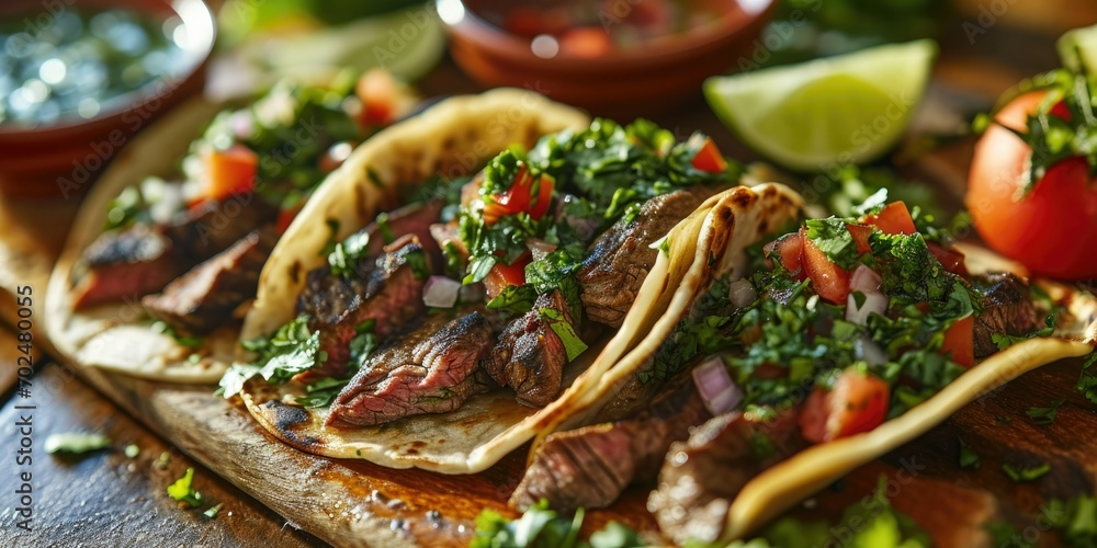 Argentinian Tacos Symphony - Chimichurri Steak Tacos - Bold Flavors in Every Bite - Warm Light Embracing Culinary Fiesta - obrazy, fototapety, plakaty 