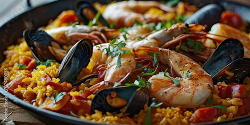 Spanish Seafood Feast - Saffron Infused Paella - Vibrant Colors of Spanish Cuisine - Soft, Natural Light for Culinary Spectacle