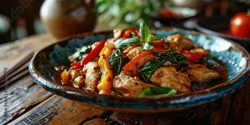 Wok-Tossed Perfection - Thai Basil Chicken Stir-Fry - Aromatic Asian Delight - Dynamic Light Capturing Culinary Mastery