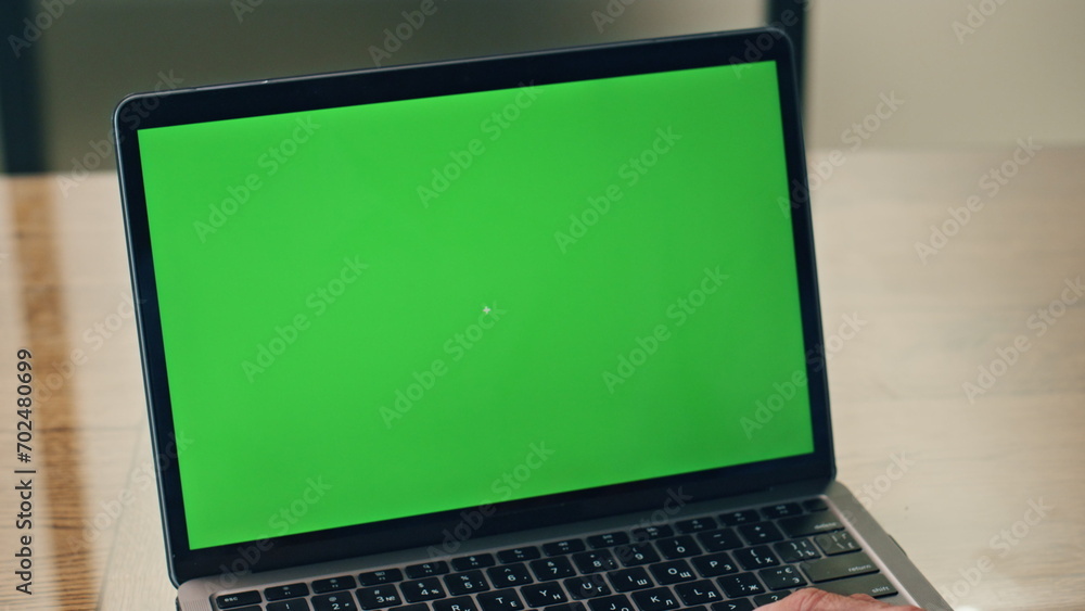Boss using green screen laptop in office. Business man working mockup computer