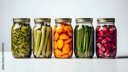 Pickled vegetables in glass jars on white background