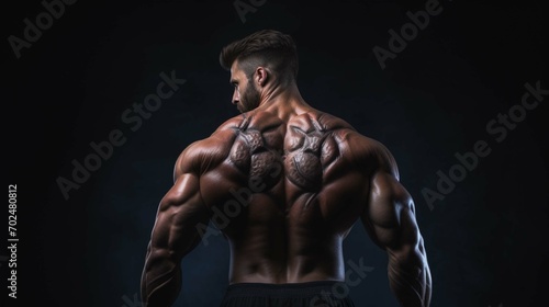 Muscular man back view of a bodybuilder athlete in dark background
