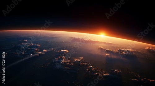 The sun is setting over the earth from the space shuttle.