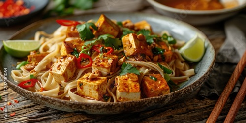 Asian Vegan Comfort - Peanut Satay Noodles with Tofu - Vegan Noodle Joy on a Plate - Soft Light Enhancing Culinary Comfort