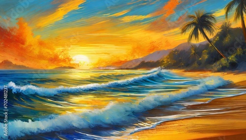 Waves of Gold: Calm Seas and an Orange Sunset on the Beach