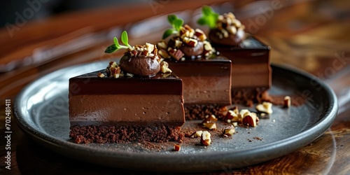 Decadent Dessert Extravaganza - Chocolate Hazelnut Mousse Cake - Sweet Bliss in Every Slice - Warm Light Accentuating Dessert Delight