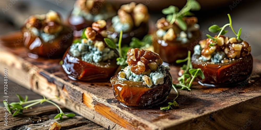 Elegant Appetizer Bites - Blue Cheese and Walnut Stuffed Dates - Gourmet Indulgence in Every Bite - Soft Light Accentuating Appetizer Elegance