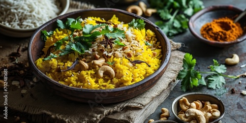 Fragrant Nutty Side Dish - Turmeric Coconut Rice with Cashews - Aromatic Nutty Bliss on Your Plate - Soft Light Enhancing Culinary Side Dish