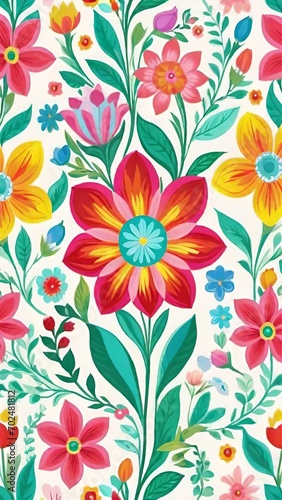 Floral pattern. There is a red flower in the center, and various other flowers in shades of pink, yellow, and blue are located around this flower. Green leaves and stems alternate with bright colors.