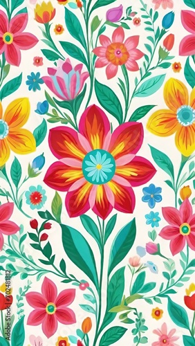 Wallpaper Mural Floral pattern. There is a red flower in the center, and various other flowers in shades of pink, yellow, and blue are located around this flower. Green leaves and stems alternate with bright colors. Torontodigital.ca