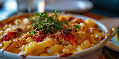 Luxurious Seafood Indulgence - Truffle Infused Lobster Mac 'n' Cheese - Culinary Opulence in Every Bite - Soft Light Accentuating Seafood Extravaganza