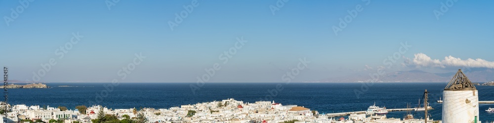 Cityscape panorama of Mykonos coastline, Greece 