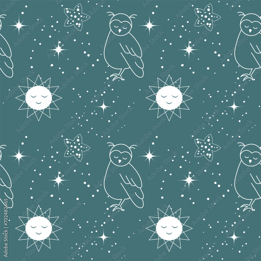 Seamless pattern, moon, owls, stars and constellations on a background of the night sky. Space background, textile, vector