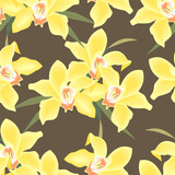 Seamless pattern, elegant flowers of daffodils on a dark background. Background, textile, vector