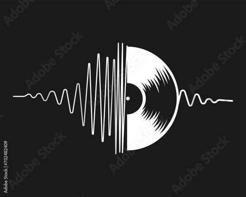 Retro vinyl record and sound on black background. Music poster, banner, vector