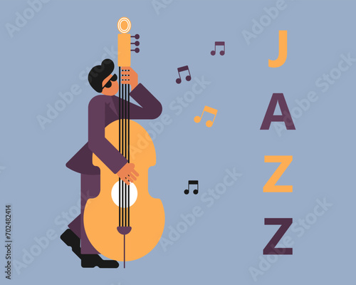 Jazz poster, musician with double bass. Music banner, invitation, flyer. Flat style, vector photo