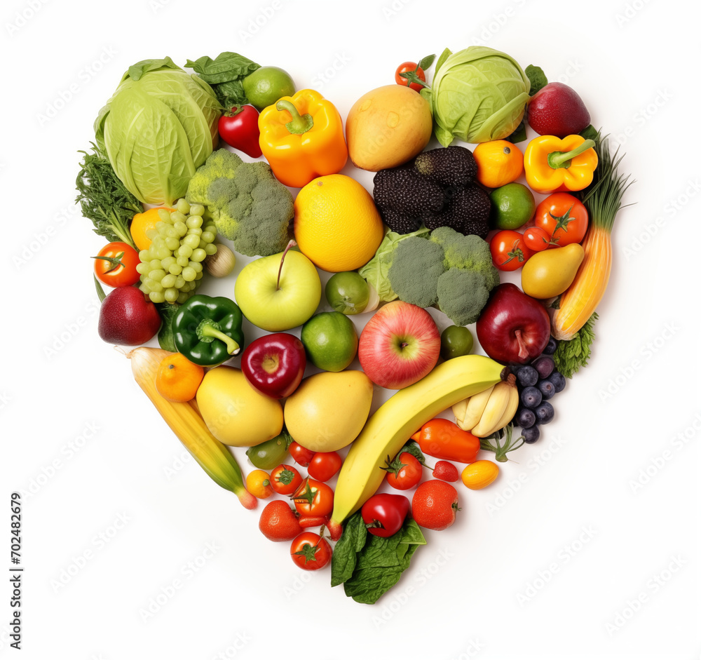 Zdrowa dieta, warzywa i owoce ułożone w kształcie serca. Zdrowe odżywianie  - obrazy, fototapety, plakaty 