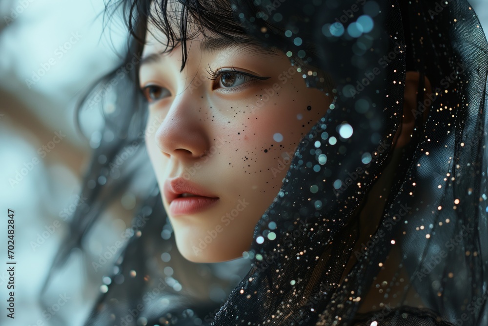 portrait of A Japanese beauty. grace and glamour, adorned in shimmering sequins against a luminous backdrop. portrait of A Japanese beauty. grace and glamour, adorned in shimmering sequins against a luminous backdrop.