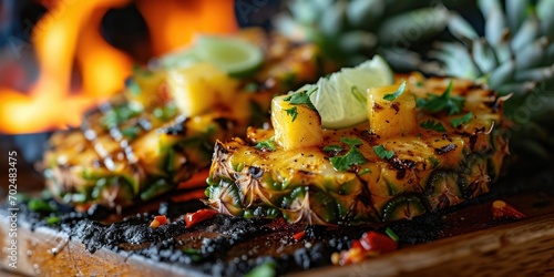 Tangy Tropical Grilling Treat - Chili Lime Grilled Pineapple - Tropical Fiesta on the Grill - Bold Light Capturing Culinary Grilling Extravaganza