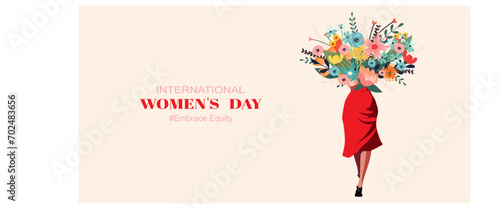 March 8, International Women's day card. A women holding flowers.