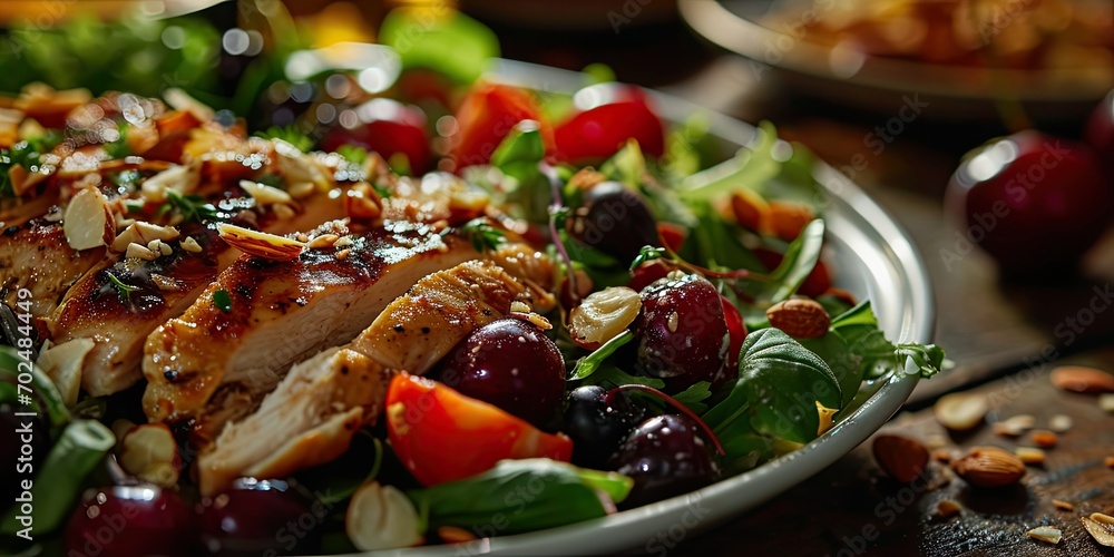 Fruity Nutty Poultry Perfection - Cherry Almond Chicken Salad - Gourmet Salad Indulgence - Soft Light Illuminating Poultry Perfection