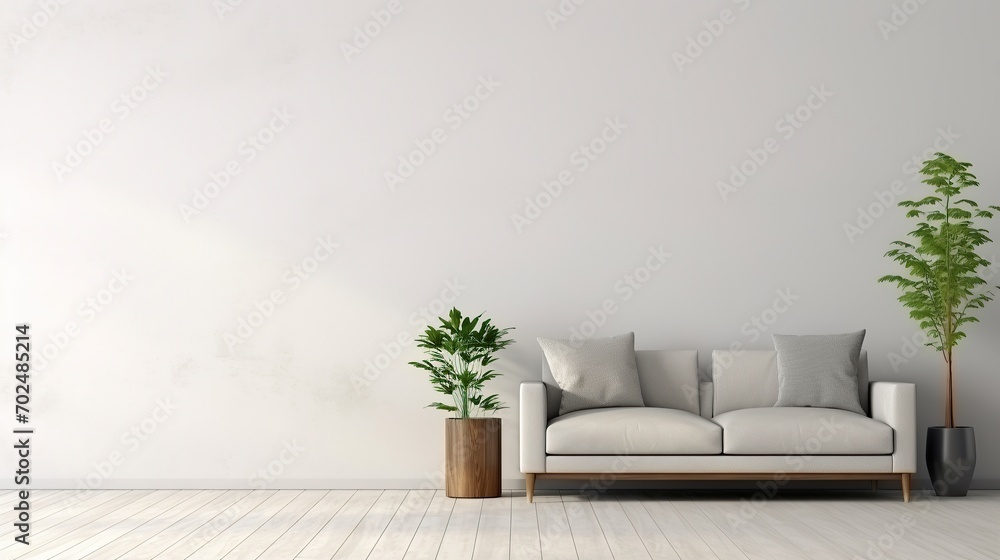 empty white wall for writing, minimalist beige living room interior, sofa on wooden floor, - obrazy, fototapety, plakaty 