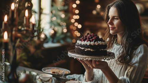 Femme apportant un gâteau forêt noire à table, heureuse de sa pâtisserie, pâtisserie spécialité d'Allemagne et d'Alsace photo