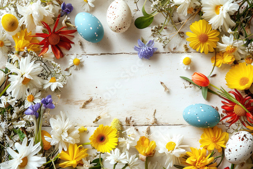 Colorful Easter eggs with spring flowers on a wooden board.