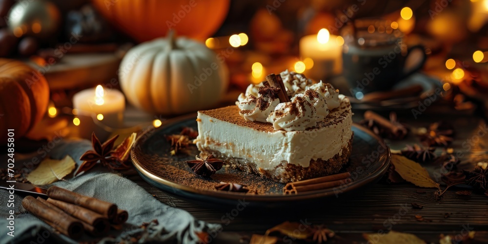Autumn-Inspired Dessert Indulgence - Pumpkin Spice Latte Cheesecake - Culinary Bliss in Every Bite - Soft Light Illuminating Dessert Indulgence