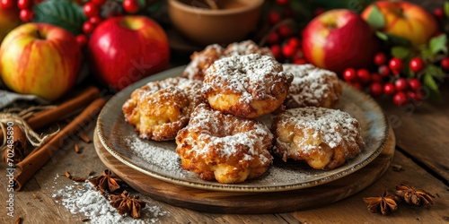 Autumnal Dessert Delight - Crispy Cinnamon Apple Fritters - Gourmet Indulgence in Every Bite - Soft Light Enhancing Dessert Bliss