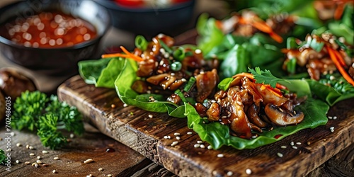 Asian Veggie Delight - Sesame Soy Glazed Mushroom Lettuce Wraps - Culinary Fusion in Every Bite - Subtle Light Enhancing Veggie Delight