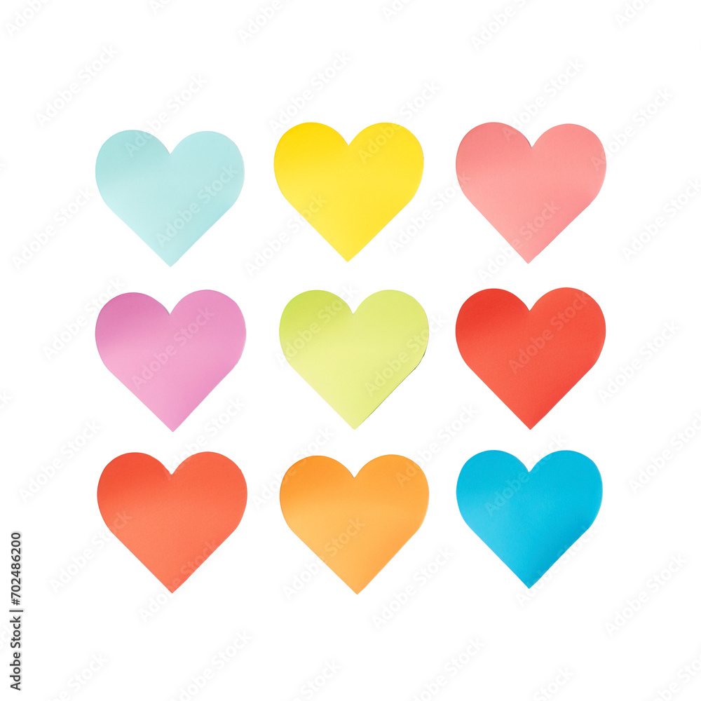 Colorful heart shapes sticky notes over isolated transparent background