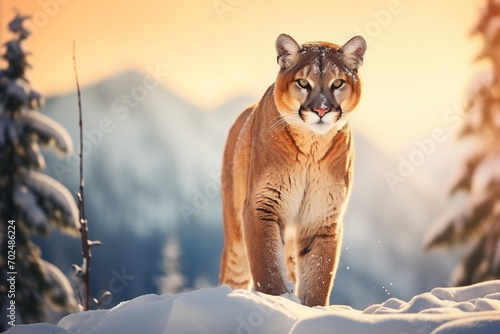 Beautiful cougar or mountain lion in the snow in winter, generated by AI