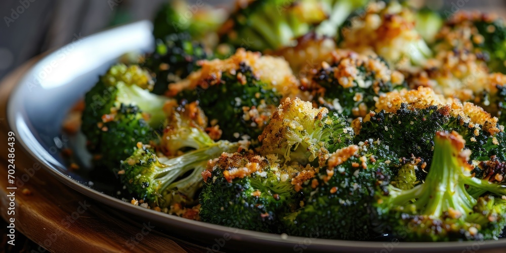Irresistible Veggie Crunch - Crispy Parmesan Garlic Roasted Broccoli - Culinary Temptation on Your Plate - Soft Light Enhancing Veggie Crunch