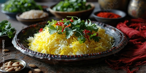 Aromatic Indian Side Dish - Saffron Almond Basmati Rice - Culinary Fusion on Your Plate - Soft Light Accentuating Indian Side Dish Elegance