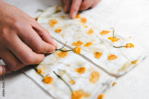 Close up of a textile artist hands doing botanical print on natural fiber clothing. Artistic natural flower dye on socks